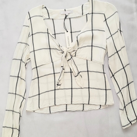 NWT! Olivaceous Plaid 100% Rayon Tie-Front Cream Women's Peasant Blouse Size M - Picture 10 of 12